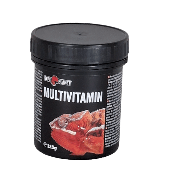 Multivitaminpulver in schwarzer wiederverschliessbarer Dose