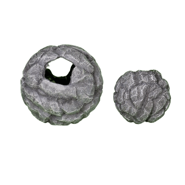 kleiner und grosser kugelförmiger Dekogegenstand in einer grauen Felsoptik